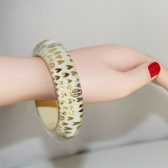 Tory Burch Clear, Ivory Lucite Gold Heart Bangle - Picture 1 of 12